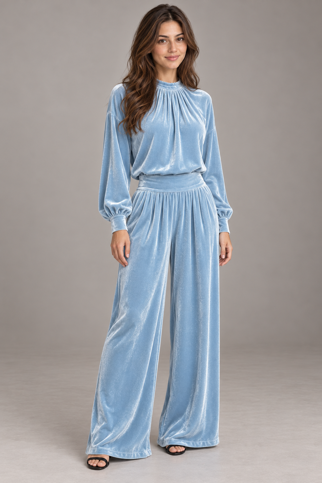 Bloodnew – Ensemble Deux Pièces Velours Haut Plissé et Pantalon Large – Bleu Ciel – modèle – full – E1tQLQ