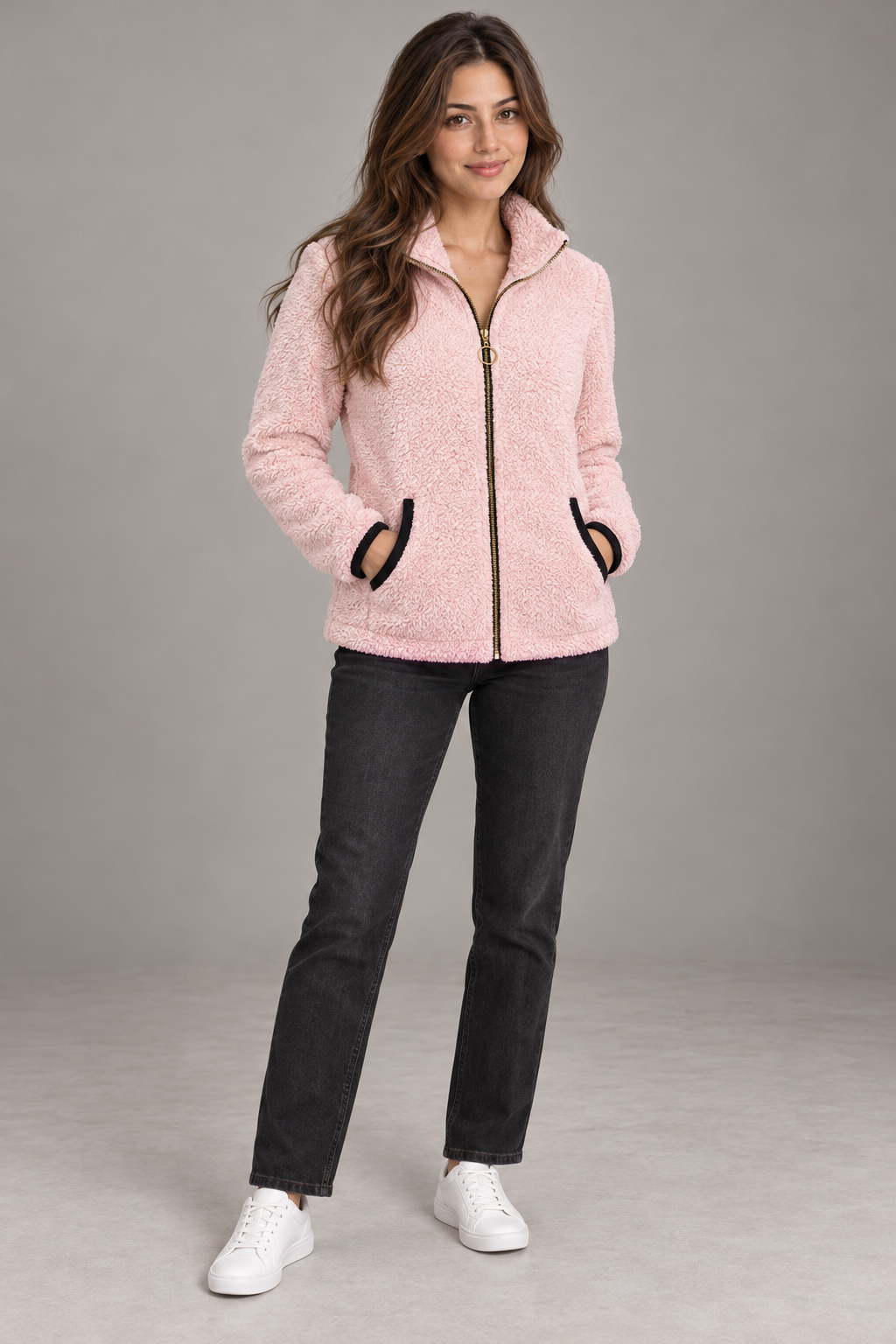 Bloodnew – Veste zippée en polaire peluche double face – Rose – full