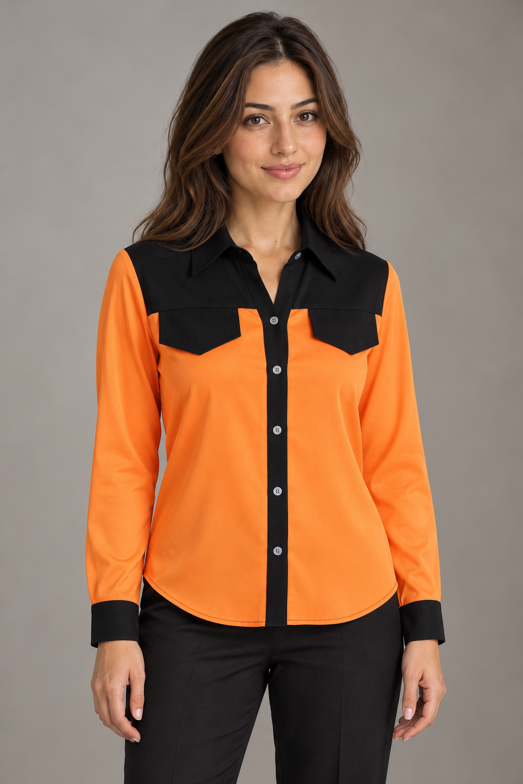 Bloodnew – Chemise femme multicolore à col V et manches chauve-souris – Orange – modèle – close – cJUebz