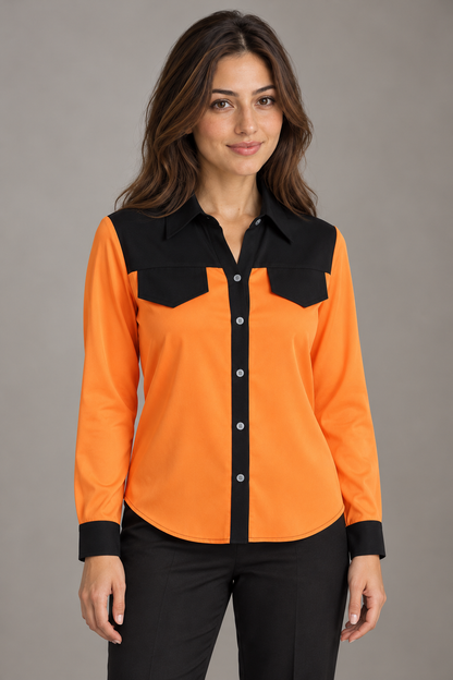 Bloodnew – Chemise femme multicolore à col V et manches chauve-souris – Orange – modèle – close – cJUebz