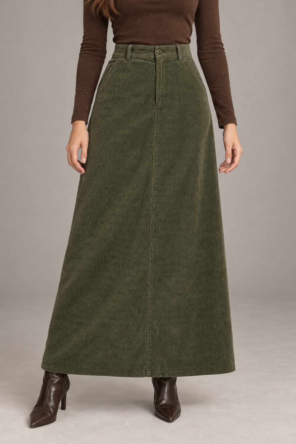 Bloodnew – Jupe Longue Trapèze Taille Haute Automne-Hiver – Vert Armée – modèle porté – close – lESNk6
