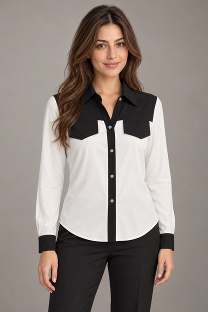 Bloodnew – Chemise femme multicolore à col V et manches chauve-souris – Blanc – modèle – close – cJUebz