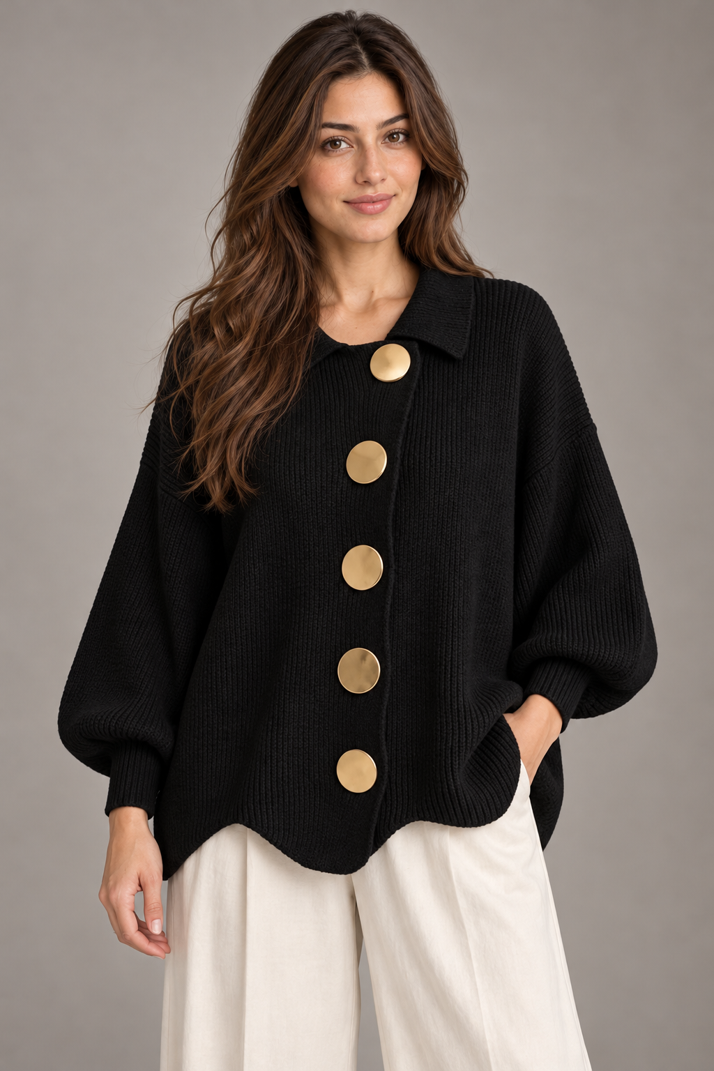 Bloodnew – Cardigan boutonné en maille à col revers – Noir – close