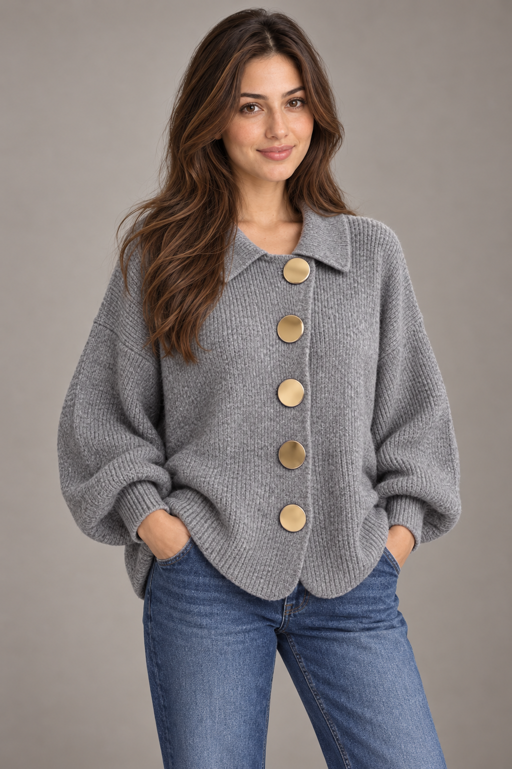 Bloodnew – Cardigan boutonné en maille à col revers – Gris – close