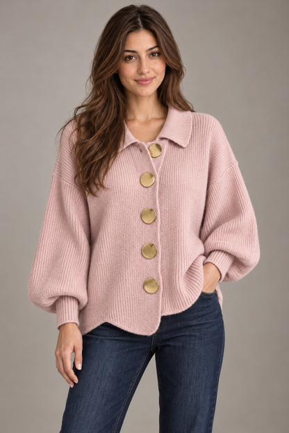 Bloodnew – Cardigan boutonné en maille à col revers – Rose – close
