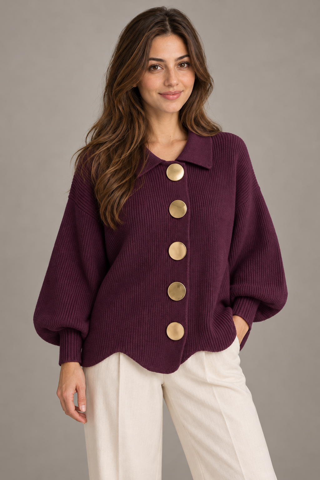 Bloodnew – Cardigan boutonné en maille à col revers – Violet – close