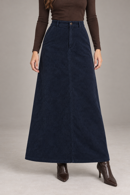 Bloodnew – Jupe Longue Trapèze Taille Haute Automne-Hiver – Bleu Marine – modèle porté – close – lESNk6