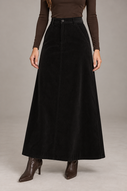 Bloodnew – Jupe Longue Trapèze Taille Haute Automne-Hiver – Noir – modèle porté – close – lESNk6