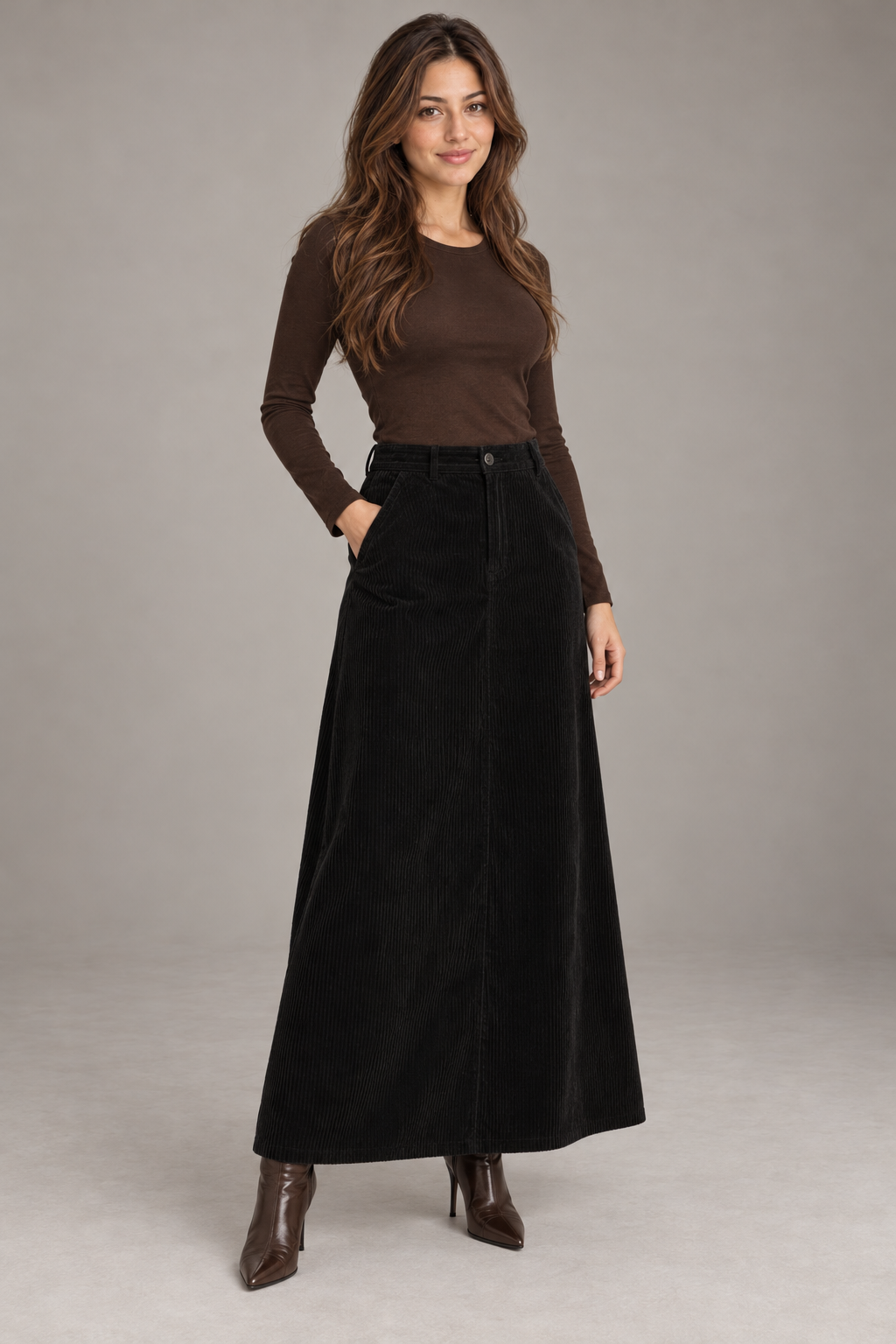 Bloodnew – Jupe Longue Trapèze Taille Haute Automne-Hiver – Noir – modèle porté – full – lESNk6
