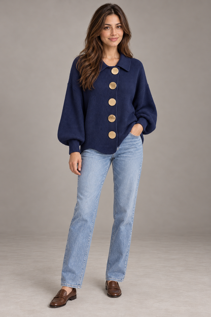 Bloodnew – Cardigan boutonné en maille à col revers – Bleu – full