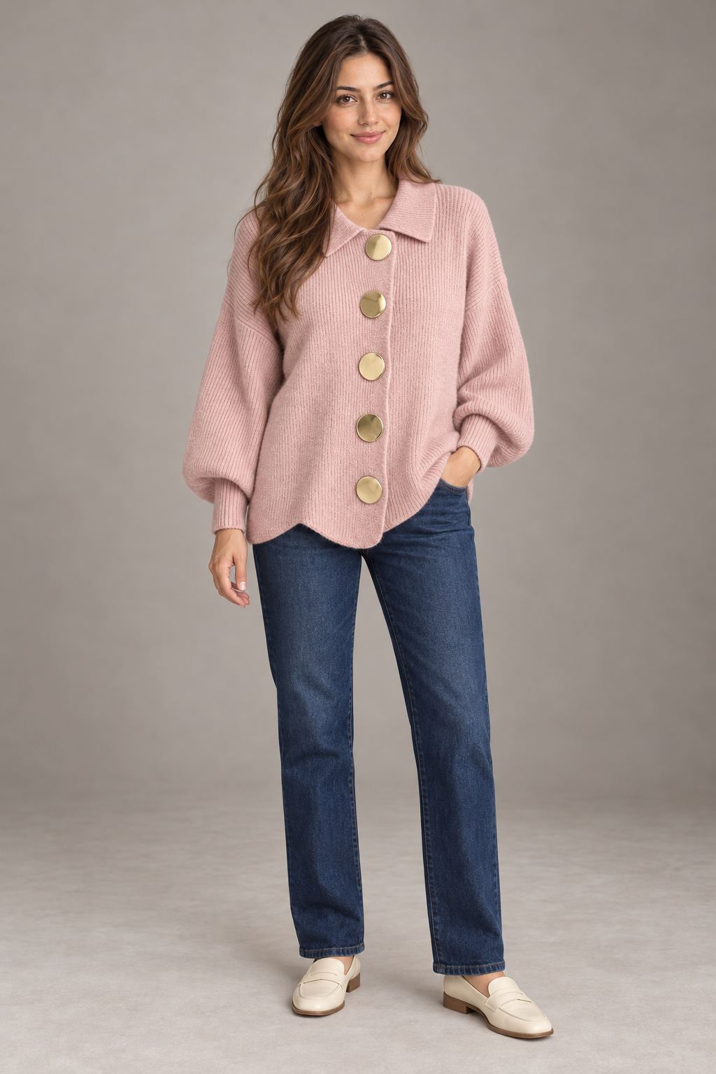 Bloodnew – Cardigan boutonné en maille à col revers – Rose – full