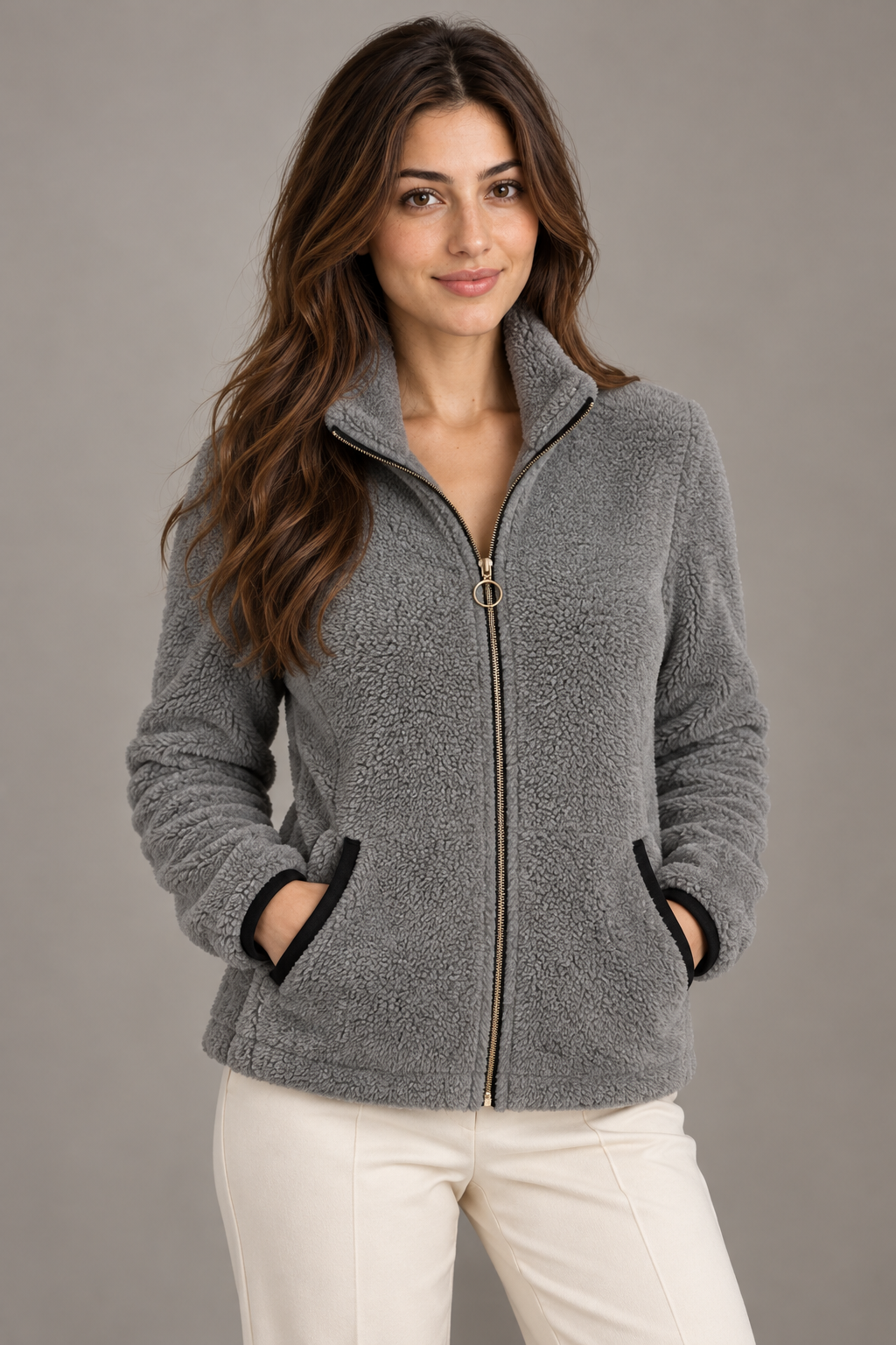 Bloodnew – Veste zippée en polaire peluche double face – Gris – close