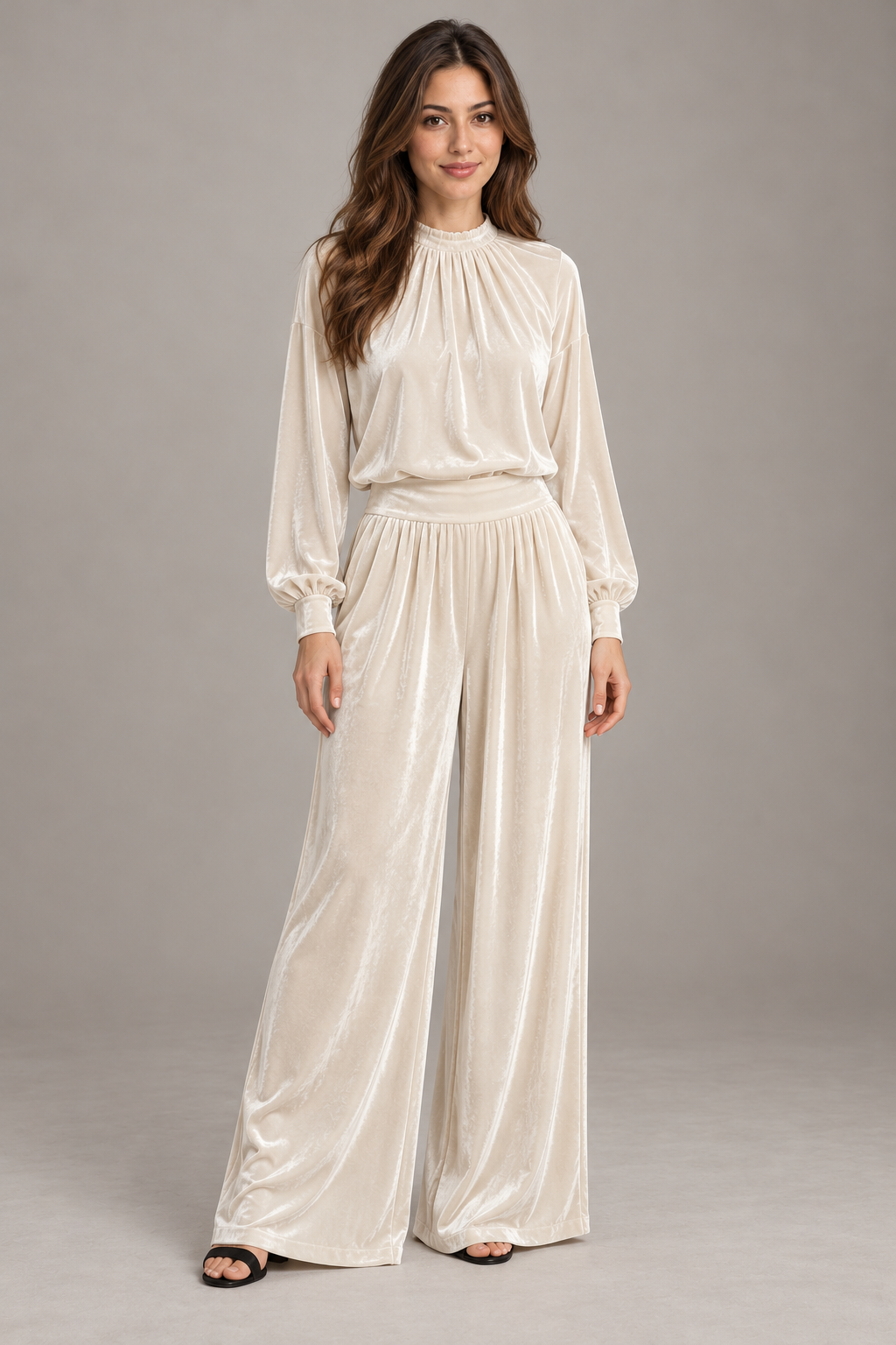 Bloodnew – Ensemble Deux Pièces Velours Haut Plissé et Pantalon Large – Blanc – modèle – full – E1tQLQ