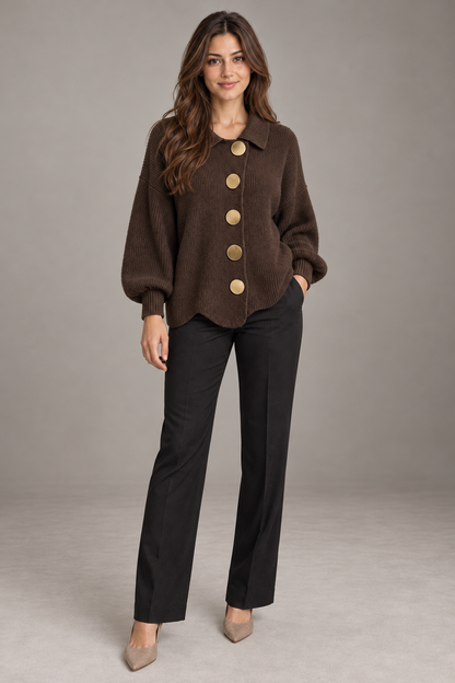 Bloodnew – Cardigan boutonné en maille à col revers – Café – full