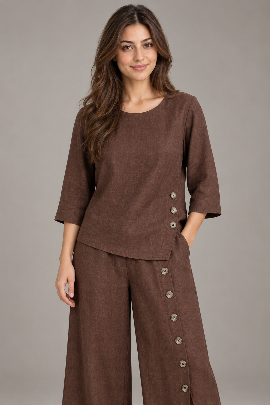Bloodnew – Ensemble Deux Pièces Uni Coupe Ample – Marron Foncé – modèle – close – E1tQLQ