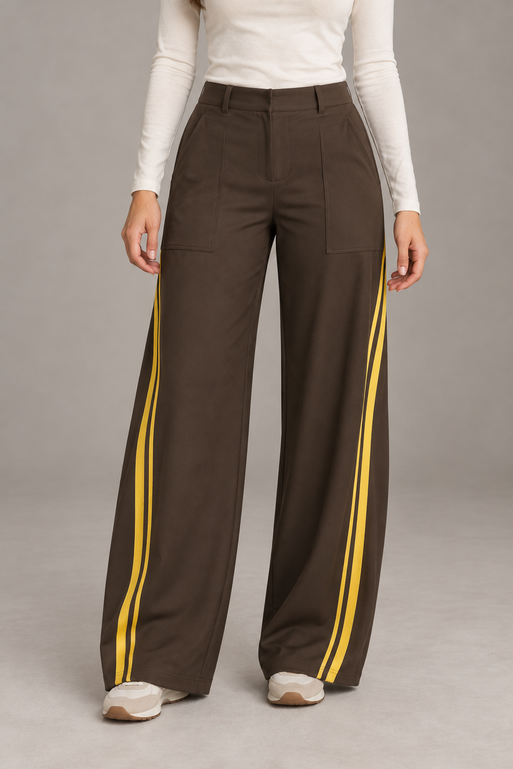 Bloodnew – Pantalon Jogging Large Bandes Contrastées Cordon – Marron – modèle porté – close – lESNk6