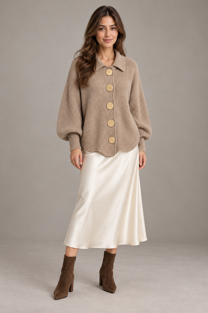 Bloodnew – Cardigan boutonné en maille à col revers – Kaki – full
