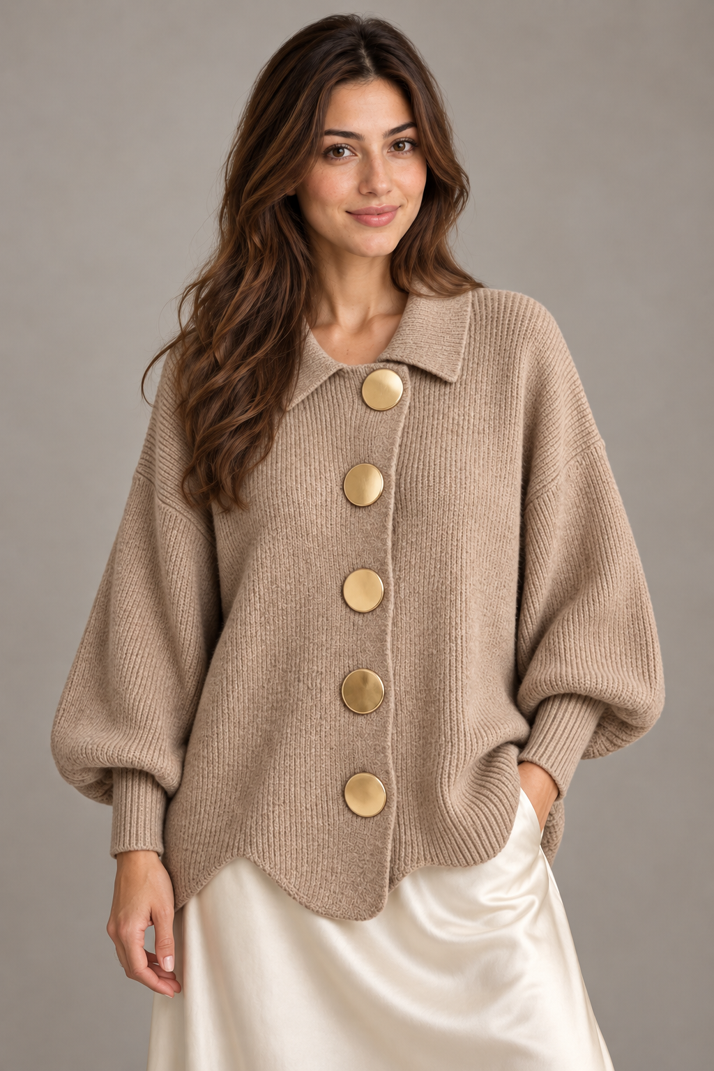 Bloodnew – Cardigan boutonné en maille à col revers – Kaki – close