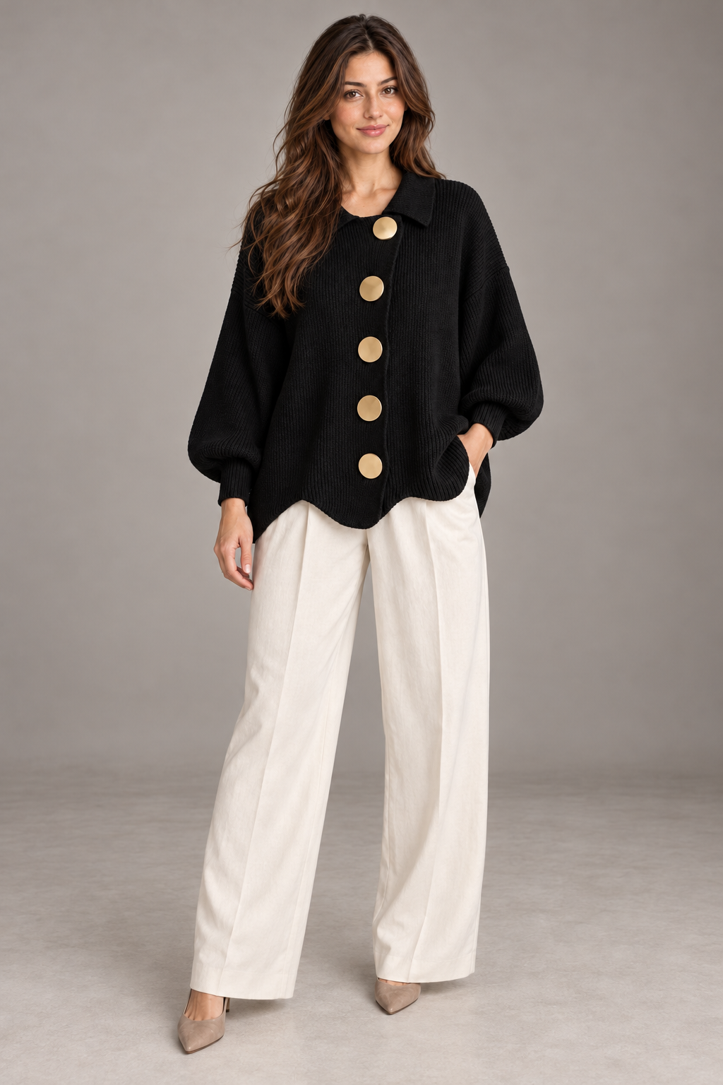 Bloodnew – Cardigan boutonné en maille à col revers – Noir – full