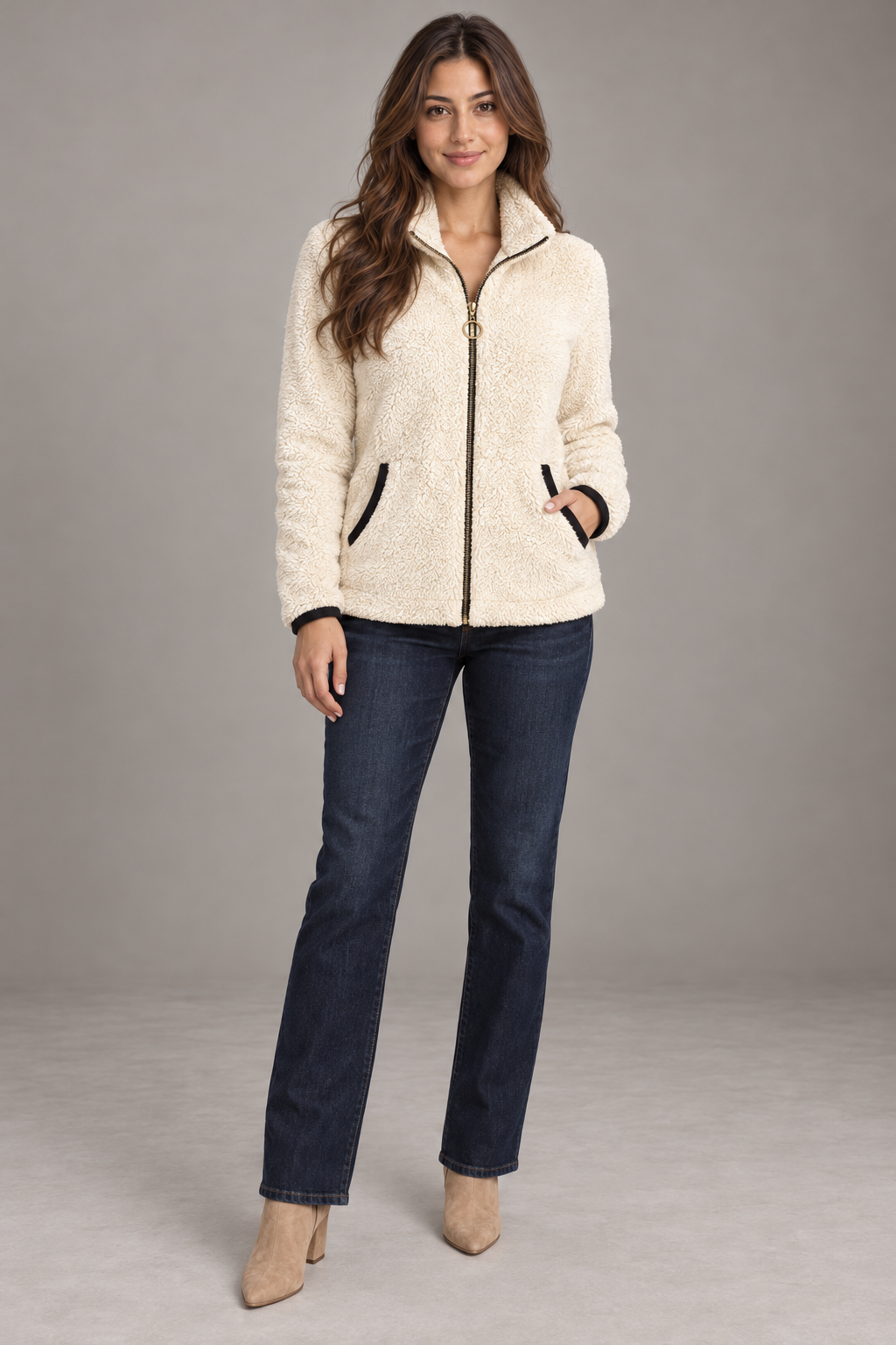 Bloodnew – Veste zippée en polaire peluche double face – Blanc cassé – full