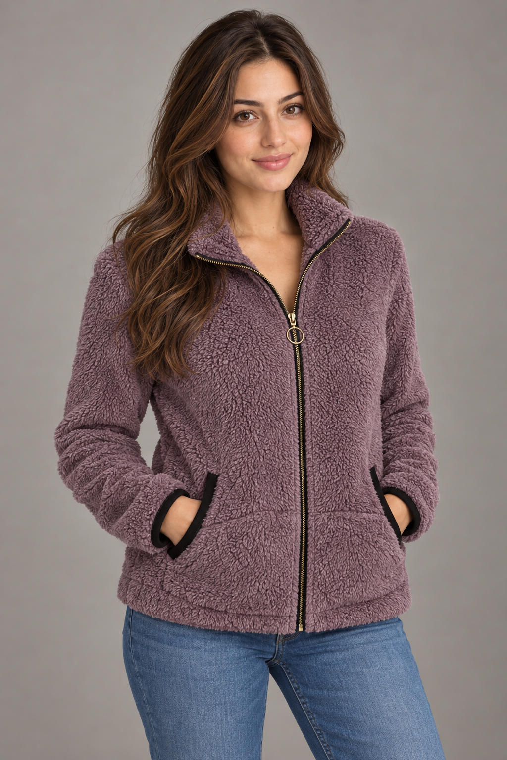 Bloodnew – Veste zippée en polaire peluche double face – Violet foncé – close