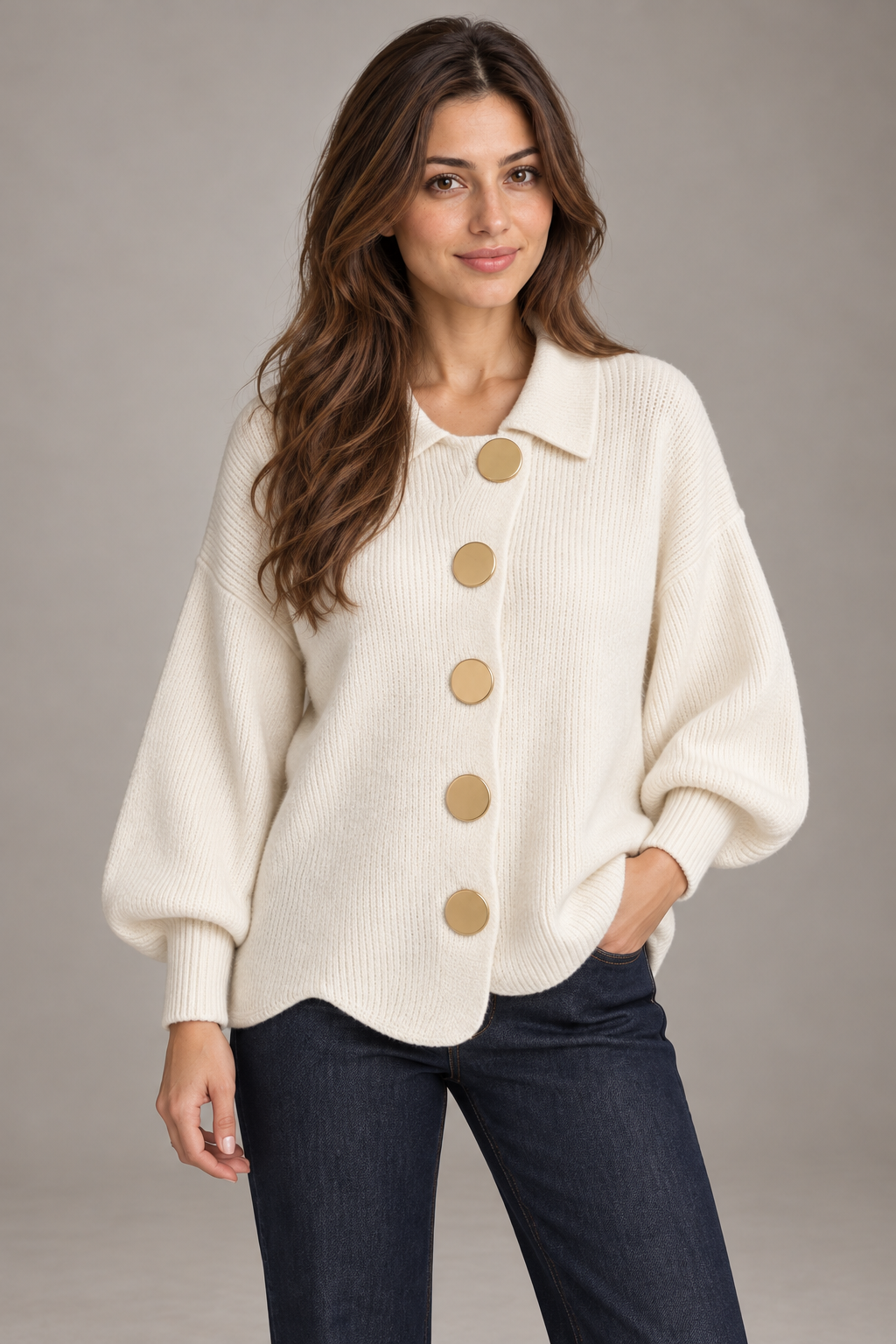 Bloodnew – Cardigan boutonné en maille à col revers – Abricot – close