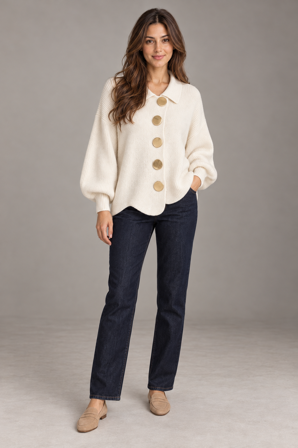 Bloodnew – Cardigan boutonné en maille à col revers – Abricot – full